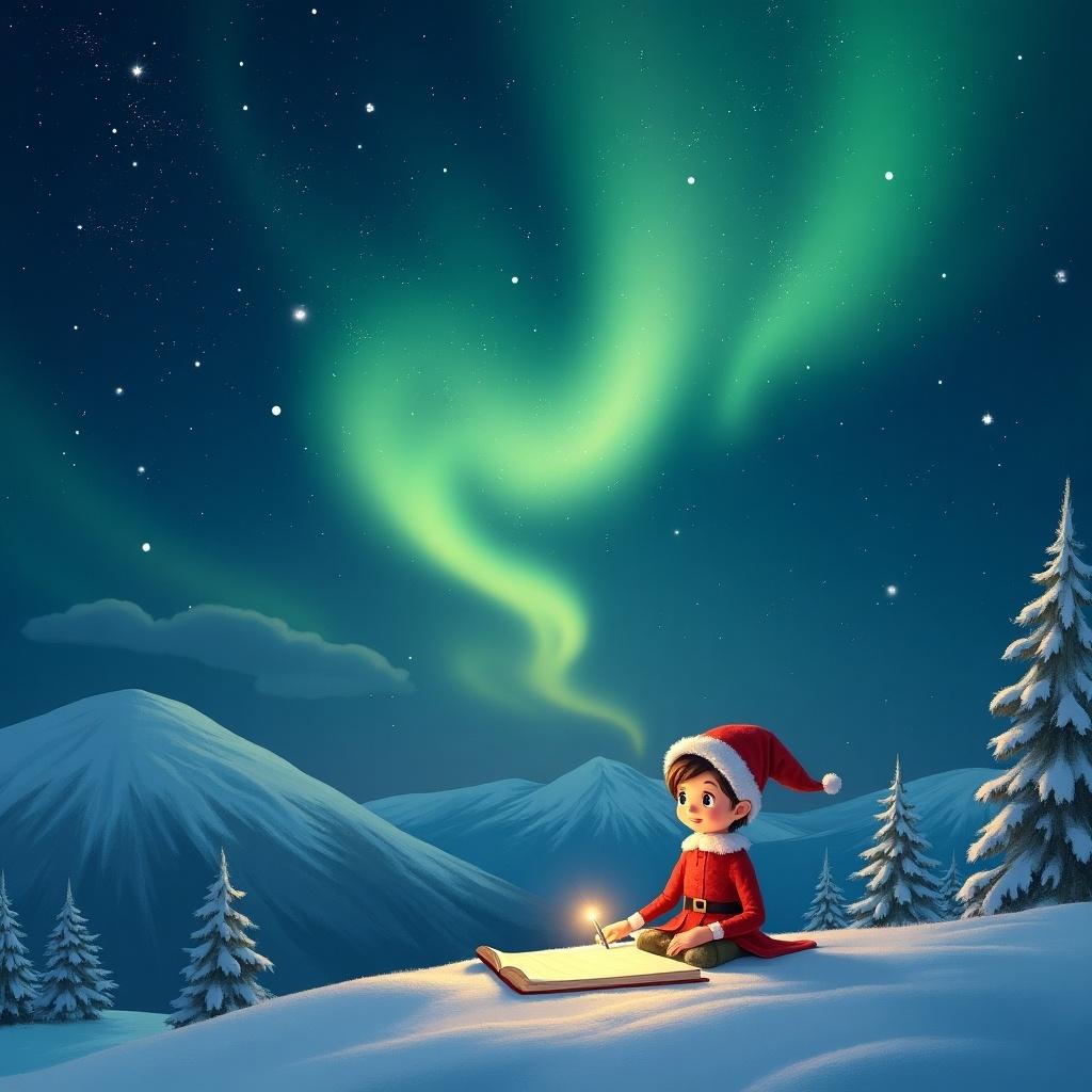 Elf on a snowy landscape writing on a scroll under northern lights. The elf wears a Santa hat and sits on the ground. Background features mountains and starry sky.