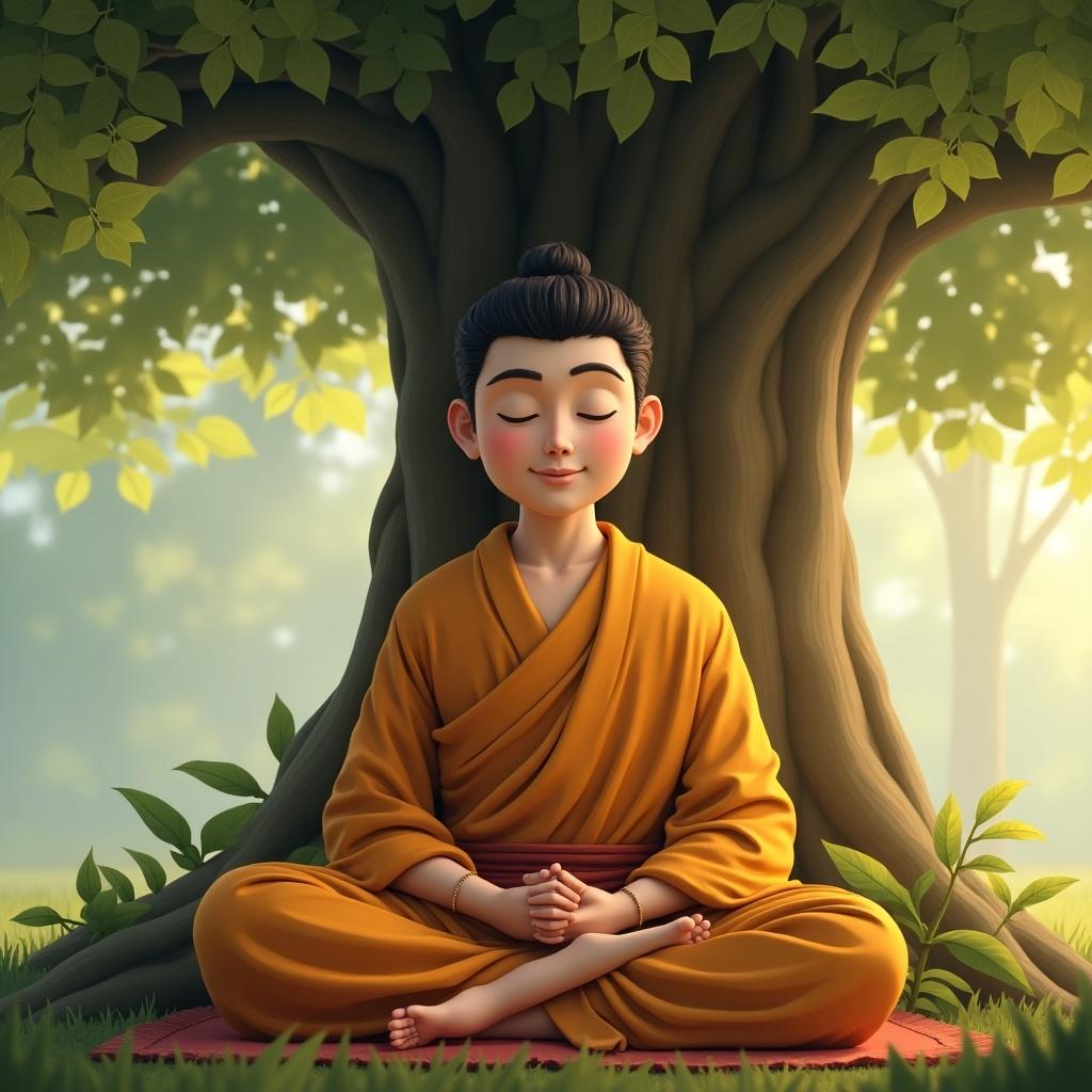 AI avatar of a young Buddha figure in traditional clothing meditating under a large tree. Background is serene and natural. Hairstyle is neat and representative of serenity.