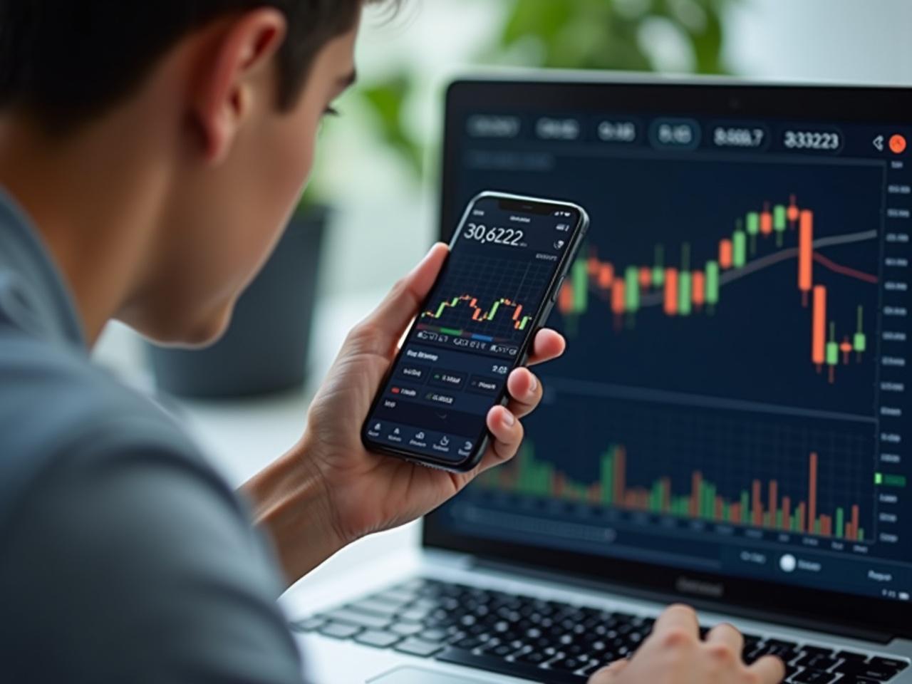 A young man with a focused expression is intently monitoring financial trading charts on both his smartphone and laptop. The screen displays upward trends in green, indicating positive market movement. The laptop is open beside him, showing additional analytics and trading data. The lighting is bright, highlighting the modern technological setup. This setup signifies the new wave of digital investing and trading. The young guy appears engaged, suggesting a contemporary approach to finance and investment.