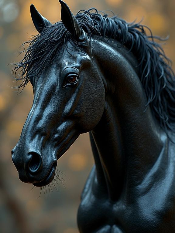 Detailed ultrarealistic anthropomorphic dark glass female horse with smooth features and striking appearance. Influences from artists Joe Jusko, Richard Corben, Johannes Helgeson, and Raffaele Marinetti.