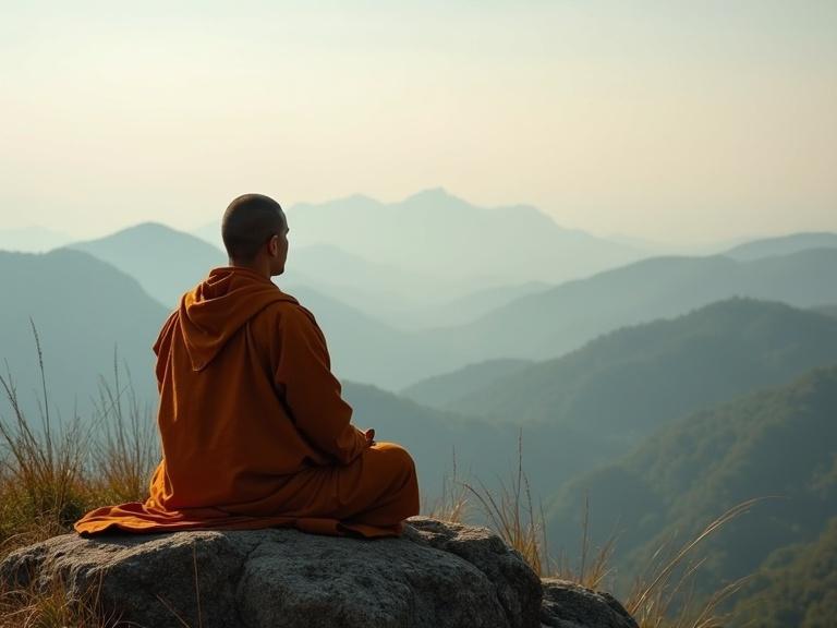 A monk in an orange robe sits peacefully on a rock. The monk is meditating. A vast mountain landscape is in the background. The atmosphere is serene and tranquil.