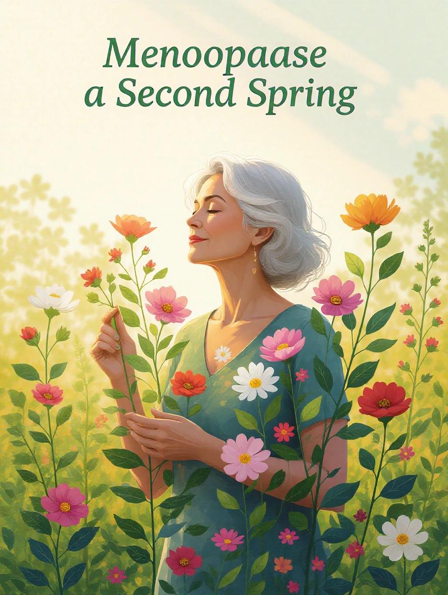 Symbolic representation of menopause as a new beginning with a strong female figure blooming among flowers and greenery. The scene is enhanced by soft, warm light.
