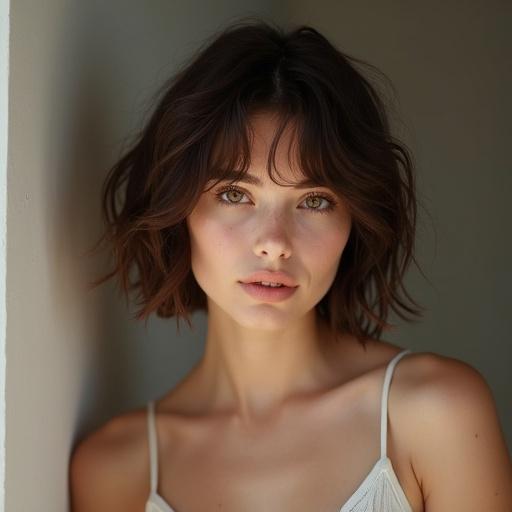 Image of a young attractive Brunette girl. She has short hair. She is around 20 years old. The image captures her upper body. Soft lighting is used to enhance the overall aesthetic.