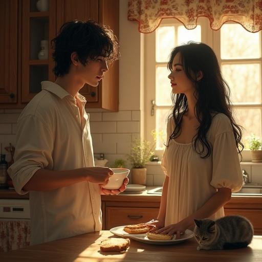Warm intimate kitchen scene in the early morning. Young man prepares breakfast quietly, pouring soup into a bowl, placing toast on a plate. Young woman with long black hair steps in, speaking softly. She has a gentle expression, wearing a modest dress. Man glances at her with a shy smile. Quiet moment of tenderness. Calm cat sits on window sill in soft spring light. Cozy rustic kitchen with wooden furniture and gentle sunlight. High detail, warm lighting, subtle emotions.