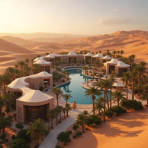 A desert oasis hotel emerges from golden dunes. Curved roofs and geometric pavilions are made of sun-bleached limestone and polished concrete. Reflective glass facades mirror the sky. Surrounded by pools and palm groves. Traditional mashrabiya screens cast shadows. Wind towers rise elegantly. Amber-lit pathways glow at night by fire pits. Star-gazing decks under vast skies. Ultra-realistic and hyper-detailed lighting in 8K.