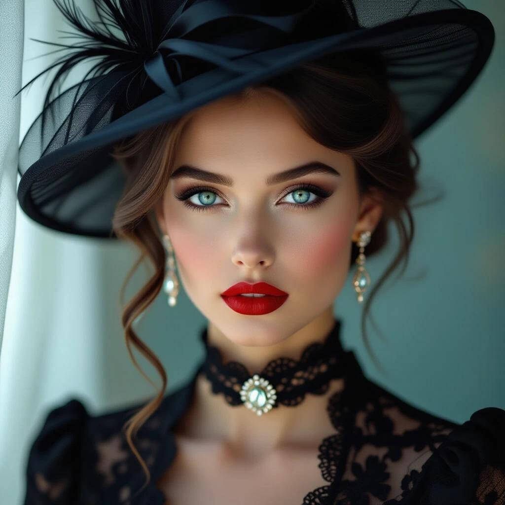 Woman gazes directly at the viewer. She wears a dramatic black outfit with lace details. A choker with a jewel adorns her neck. Flowing hair contrasts with porcelain skin. A sheer hat with a feather adds intrigue. Dim lighting enhances her features. Alluring red lips stand out. The scene evokes timeless glamour.