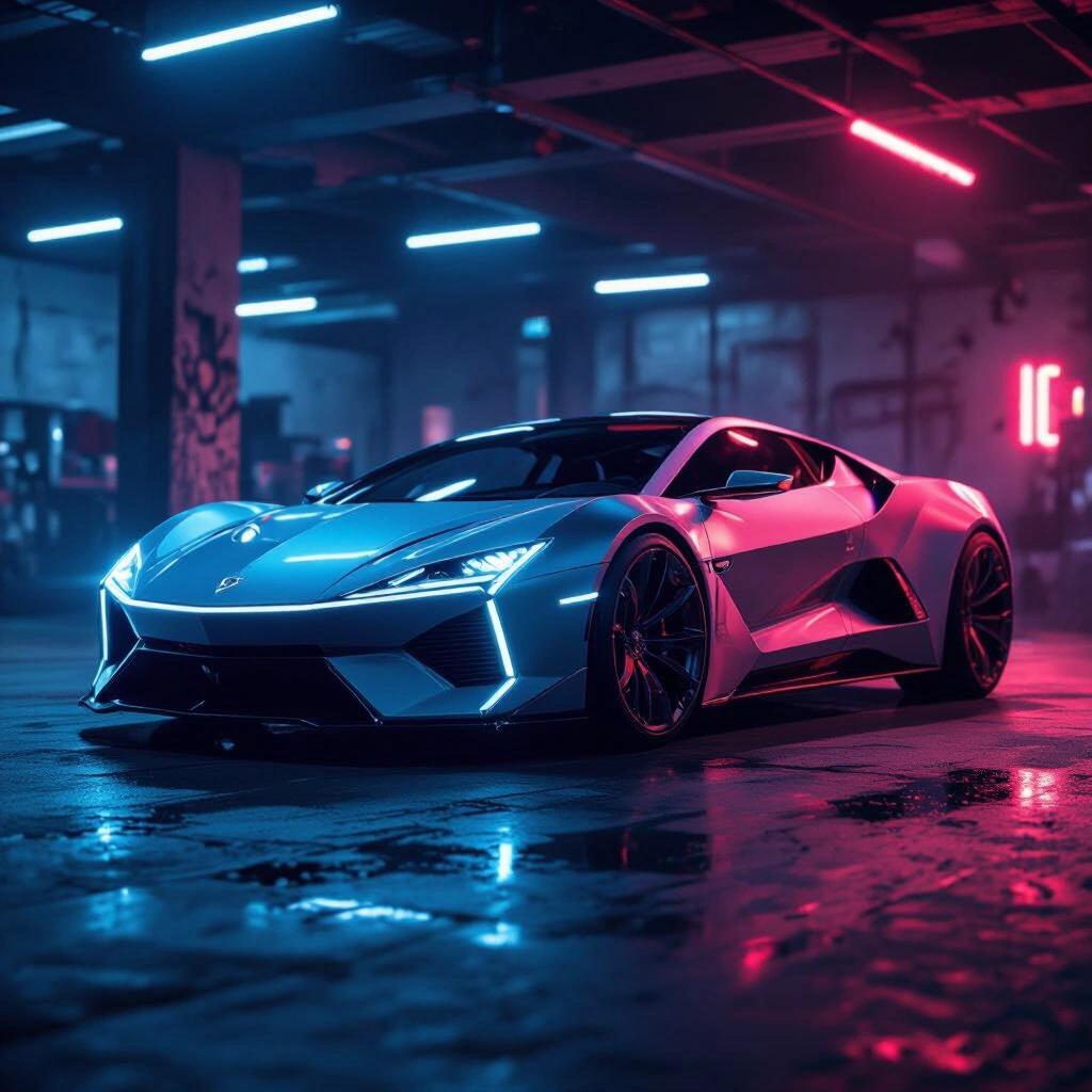 Futuristic car design parked in a dark showroom. Neon lighting creates an epic atmosphere. Car showcases angular features and dual-tone colors. The surroundings display elements of a trendy, urban environment.