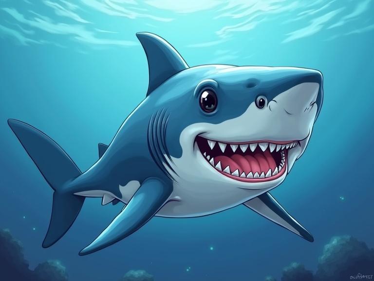Create a cartoon shark with a happy smile. The shark is swimming in a bright underwater scene. Use vibrant colors and a friendly expression.