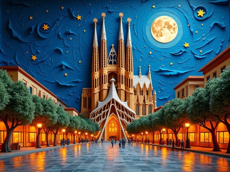 A vivid depiction of the Barcelona skyline at night. It features a textured representation of the Sagrada Familia, set against a blue starry sky. The scene captures a full moon illuminating the city and reflects city lights in the public square. Intricate layers and metallic colors enhance the visual appeal. The view is from the square level, showcasing the beauty of the architecture.