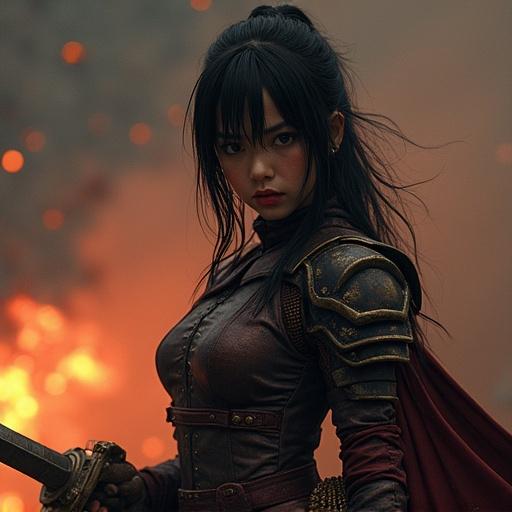 Character in fantasy setting. Female warrior in a detailed armor. Dark hair styled. Sword in hand. Intense expression. Distant flames illuminate scene. Dramatic atmosphere.
