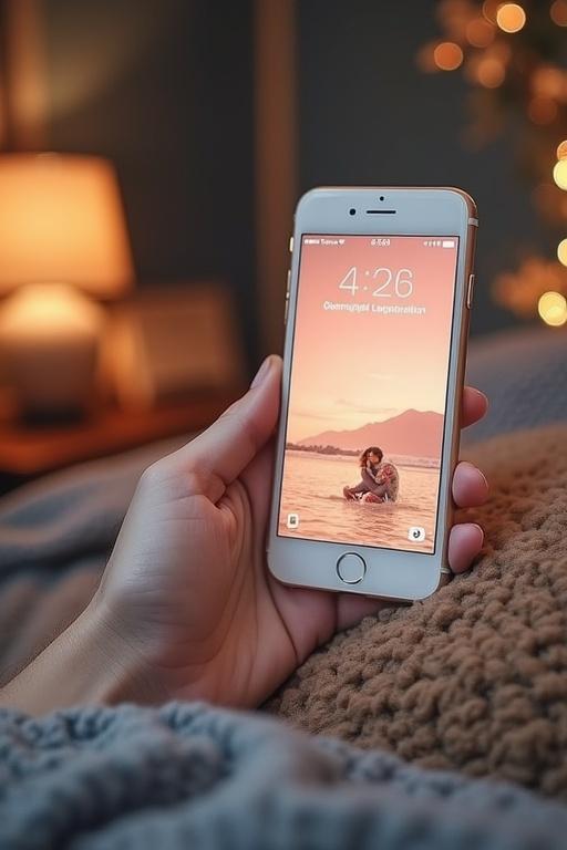 A hand holds a smartphone displaying a calming image. The background features a cozy bedroom setting. The lighting is soft and warm.