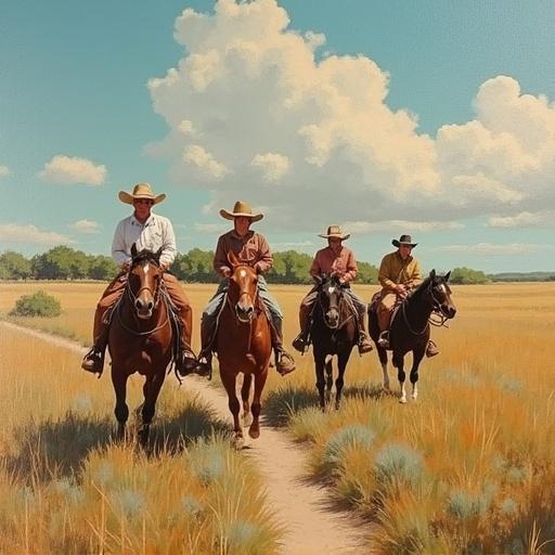 Artwork features detailed linework. Realistic Texas rural lifestyle. Four horseback riders. Oil painting style with bold textured brushstrokes.