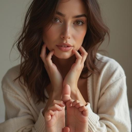 Beautiful influencer with brown hair and brown eyes. Posing elegantly with hands near face. Soft, natural light. Neutral background. Focus on beauty and style.