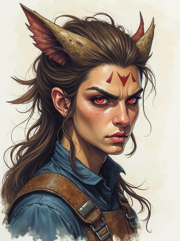 Human character with beast-like features and intense eyes. Portrait style with an ink and watercolor illustration technique. Focus on facial expression and detailing in hair and features.