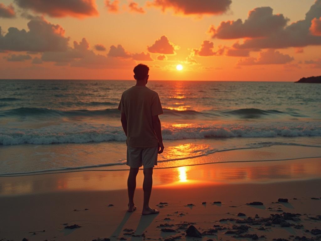 A person standing on the beach facing a vibrant sunset. The sky is filled with clouds reflecting orange and yellow hues. The waves gently wash up on the shore, creating a calm atmosphere. The figure is in silhouette against the colorful sky.