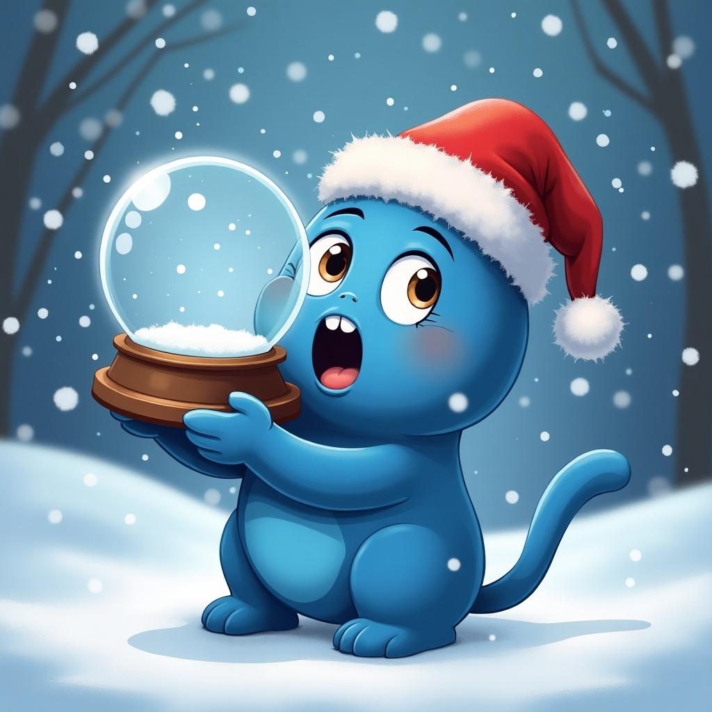 A blue cartoon character wears a red Christmas hat. The character holds a snow globe filled with snow. The setting is a snowy winter background with falling snowflakes. The character has a face of excitement and wonder.