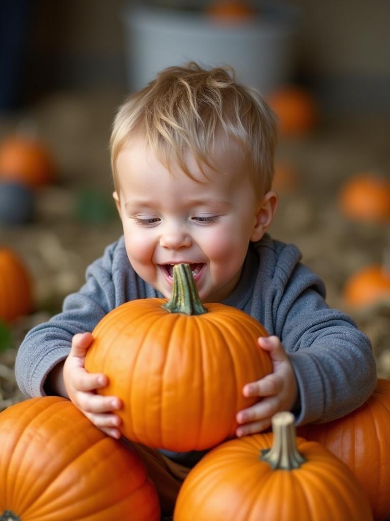 A young boy joyfully holding a large pumpkin surrounded by many pumpkins in a rustic setting. The focus is on the boy and the pumpkin he is holding. A warm autumn atmosphere fills the scene.