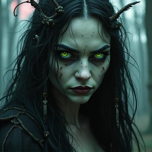A portrait of a spooky witch in a misty forest. Pale skin glows eerily etched with runes. Long black hair tangled with bones and charms. A crooked nose sharp cheekbones and dark cracked lips. A blood-red moon dims the background.