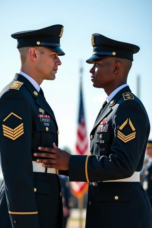 Two soldiers in Army Service Uniforms face each other during a military ceremony. They perform a traditional greeting, their gold buttons touching. The background features a clear blue sky and U.S. flag. The soldiers represent diverse ethnicities, showcasing inclusion. The image is photorealistic and conveys military dignity.
