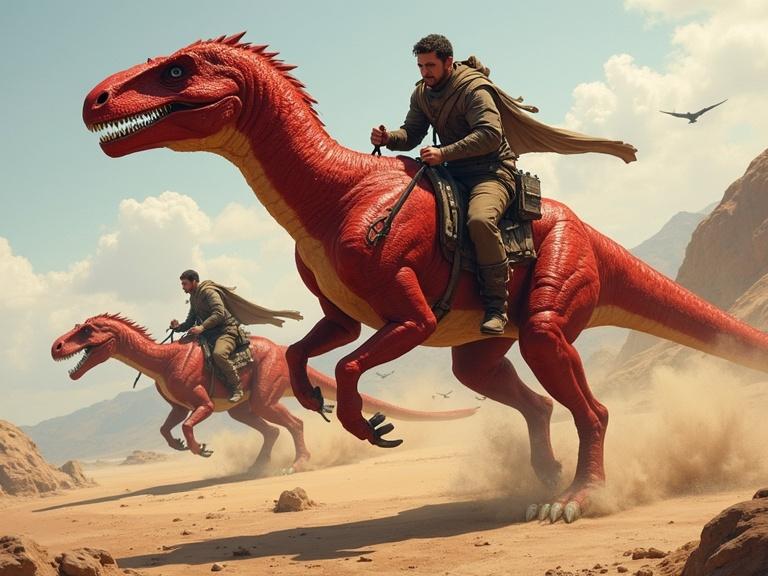 Two crimson raptors with riders running in a desert landscape. The raptors have muscular builds, reptilian scales, and sickle-shaped claws. The riders are posed dynamically, resembling horse riders. The landscape features mountains and a clear sky, enhancing the action.