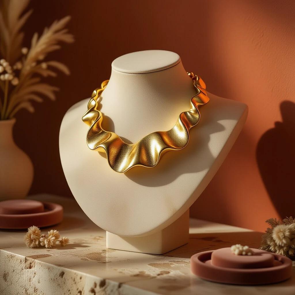 Close-up refined jewelry display in a sensual boutique. Sculptural alabaster bust with biomorphic gold collar. Fluid curves of the necklace seem to float. Indirect golden lighting enhances the scene. Textured stone or leather surface underneath with dried flowers and velvet trays. Warm terracotta wall with handcrafted texture. Soft amber glow creating an intimate mood. Evokes organic elegance and warmth.