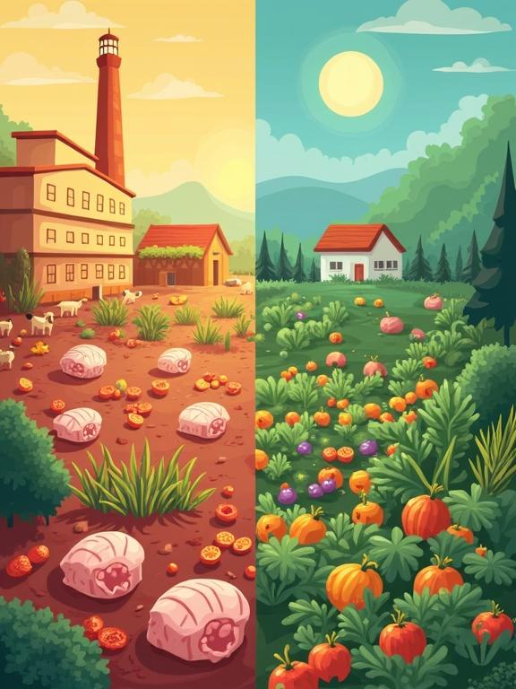Vertical infographic contrasting factory-farmed meat and vibrant organic produce. Factory side shows crowded dim conditions. Organic side shows fresh sunlit fields with colorful vegetables. Uses simple icons and text to highlight differences.