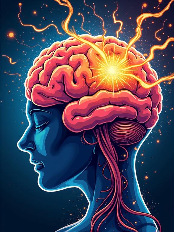 Cartoon human brain with electric sparks and wild swirls chaotic thoughts psychedelic colors dynamic energy