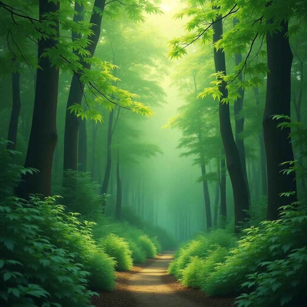 A serene forest path surrounded by tall evergreen trees with lush green foliage. Soft light filters through leaves creating an ethereal atmosphere. The pathway invites exploration and tranquility.