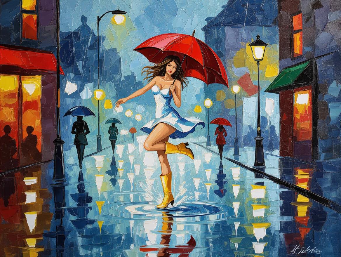 Detailed abstract image of a minuscule nude woman with yellow boots holding a red umbrella. She jumps in a puddle on a rainy day. The scene is vibrant and textured, hinting at Post-Impressionism style with dynamic light. Incorporate bold red and soft cream and metallic pewter hues. Add leaf foil patterns for luxury and pyrograph gold lines.