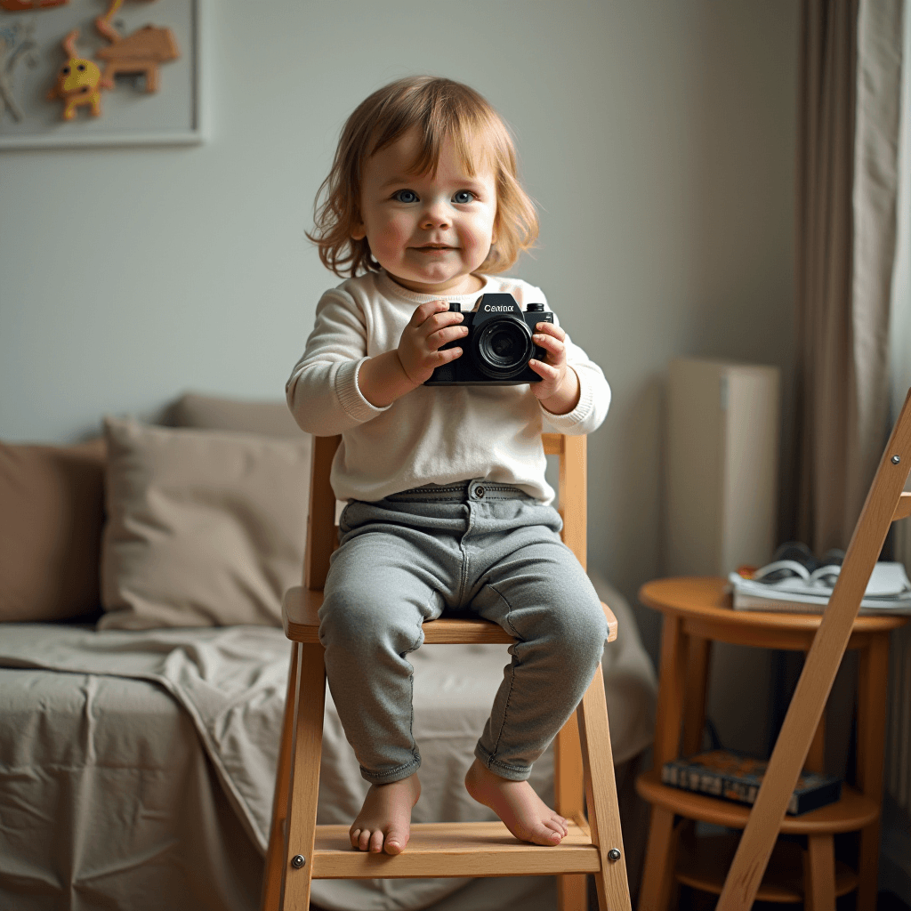 A toddler sits on a wooden chair holding a camera, with playful curiosity in a cozy room.