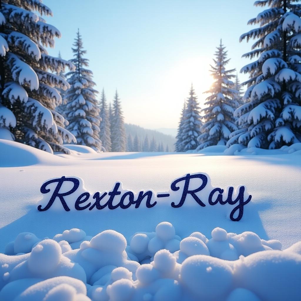 A name Rexton-Ray written in snow. Background features a winter landscape with snow-covered trees. Sunlight shines brightly in the sky.