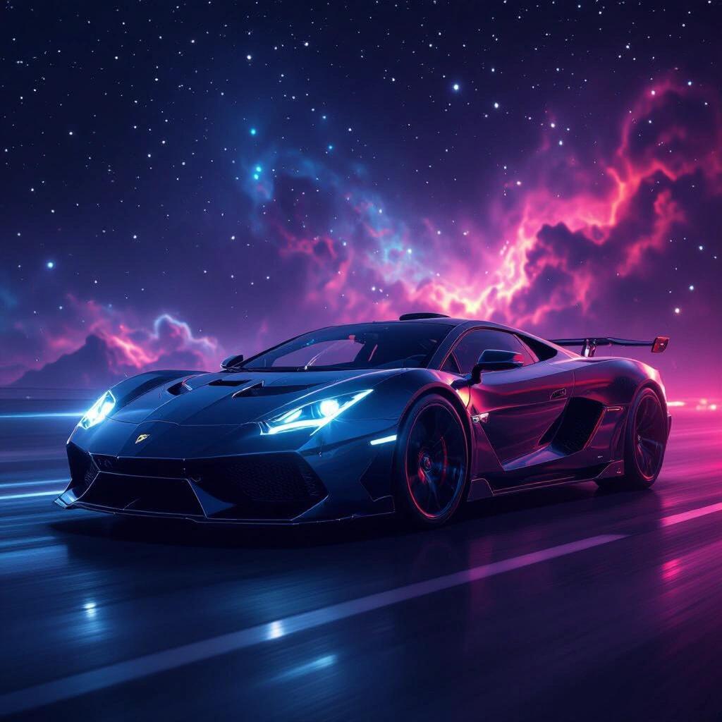 Dark hypercar scene featuring a Lamborghini with neon nebula background and the text Midnight Drive. A sleek design and cosmic elements are present.