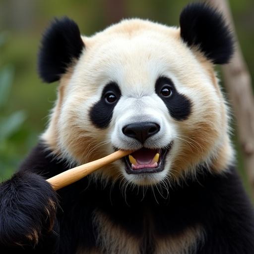 A panda is brushing its teeth. The panda is smiling widely while holding a toothbrush. The setting is a lush, green environment, possibly in a zoo or natural habitat.
