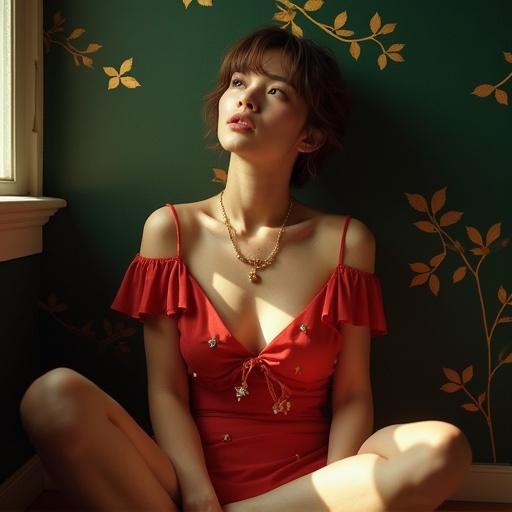 Portrait of a young woman sitting cross-legged looking up. She has short messy hair and is wearing a red dress adorned with small flowers. The dress has a revealing neckline. She is accessorized with a gold necklace. Background features dark green wallpaper with stylized gold leaves. Hard sunlight is shining from the side creating dramatic shadows. This is a film photography style image, using Kodak Portra for a high contrast effect and warm tones, showcasing detailed skin and realistic lighting.