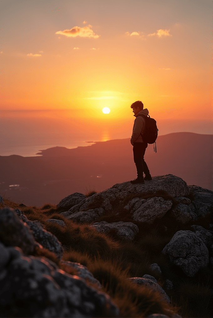 A person with a backpack stands on rocky terrain, silhouetted against a vibrant sunset over a vast ocean and distant hills.