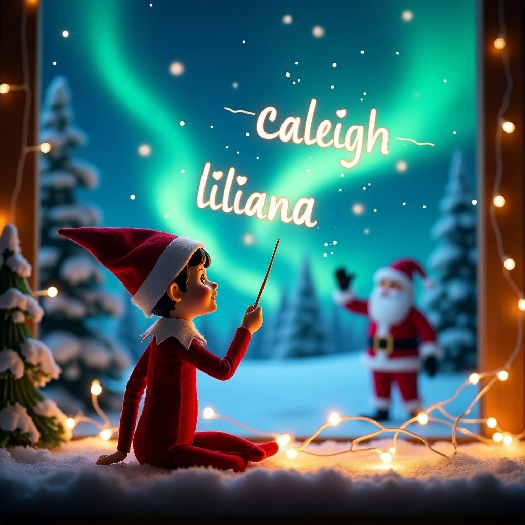 This image depicts a magical Christmas scene featuring an elf on the shelf. The elf, dressed in festive attire, is facing the sky, using a wand to write names in the air. Names like 'Caleigh', 'Sofia', and 'Liliana' appear sparkling against the backdrop. The setting is illuminated by brilliant northern lights that enhance the night sky. In the background, Santa Claus can be seen, contributing to the enchanting holiday atmosphere. The scene is further adorned with snow-covered trees and twinkling fairy lights, radiating a joyful, festive mood.