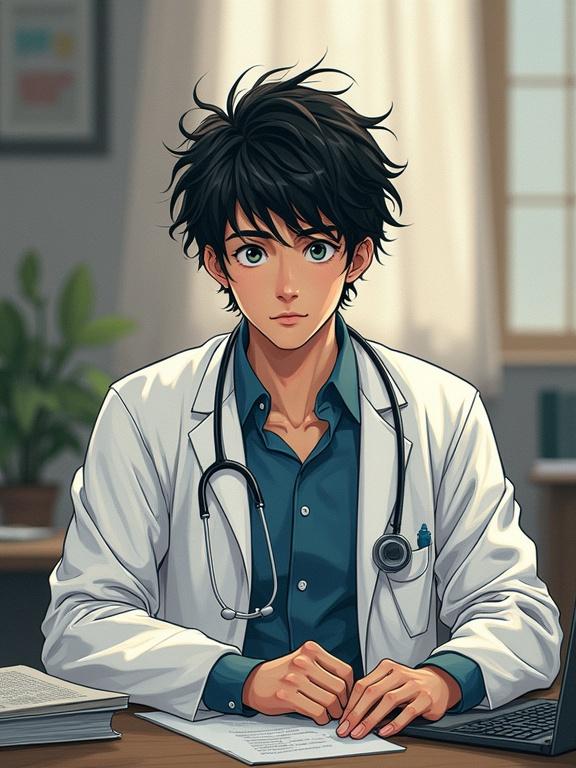 Illustration of a young man dressed as a doctor and psychologist sitting behind a desk with messy hair and an aloof expression.