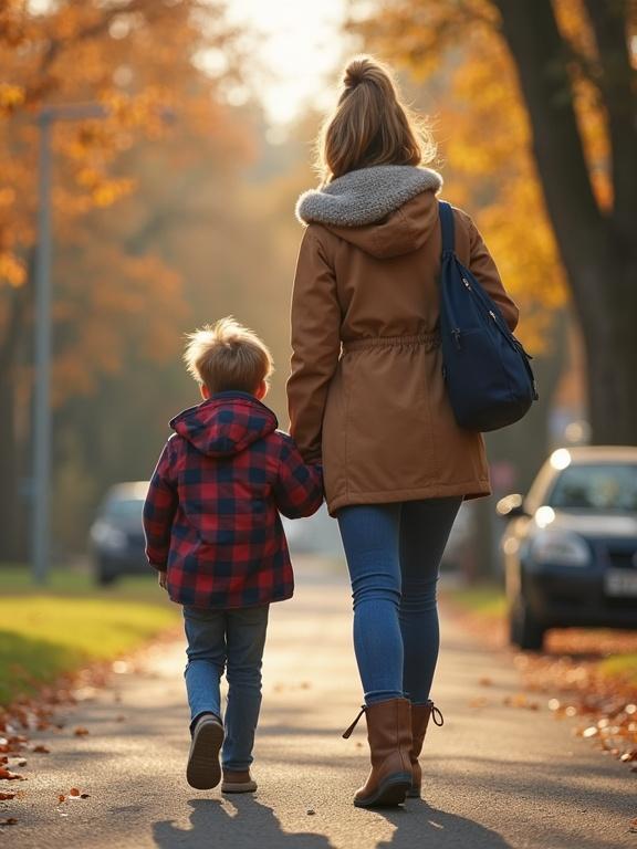 Mother and child walking together in autumn. Warm sunlight shines through trees. Child holding mother’s hand. Cozy clothing for fall season. Nature setting with fallen leaves.
