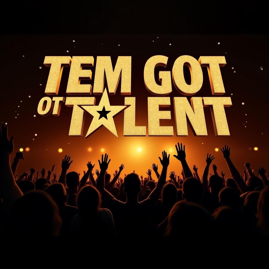 Image features 'TEM GOT TALENT' in bold typography resembling talent shows. The 'O' in 'GOT' is a star. Background has a silhouette of a crowd with dynamic spotlight effects. Color scheme is black and orange, creating excitement.