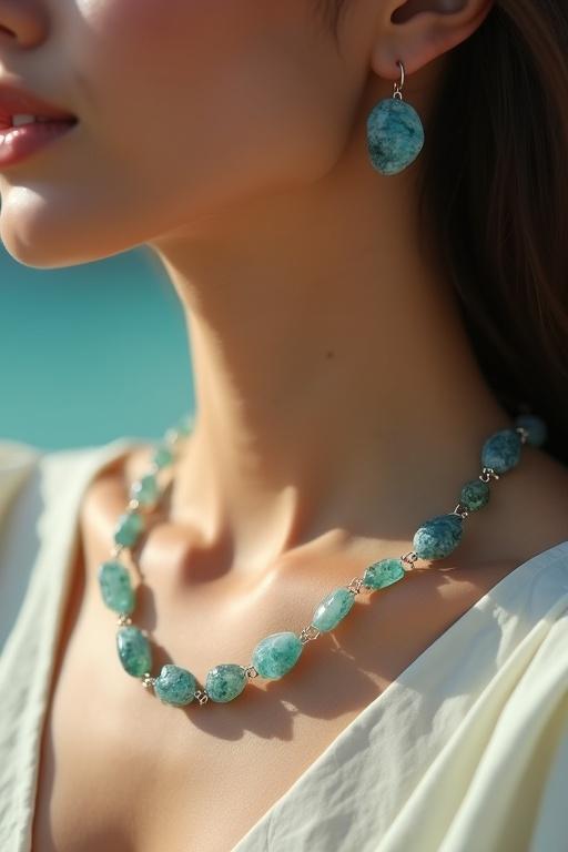 Fashion product photo features aquamarine necklace and earrings. Model wears smooth polished transparent aquamarine stones. Model displays serene expression highlighting jewelry's elegance. Soft lighting enhances jewelry's dark blue hue. Background is minimalist with pastel tones.