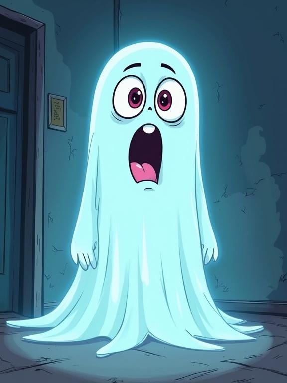 A ghostly transparent figure appears with a shocked expression. Wide-eyed and surprised, glowing effect surrounds the figure. Cartoonish and energetic comic style.