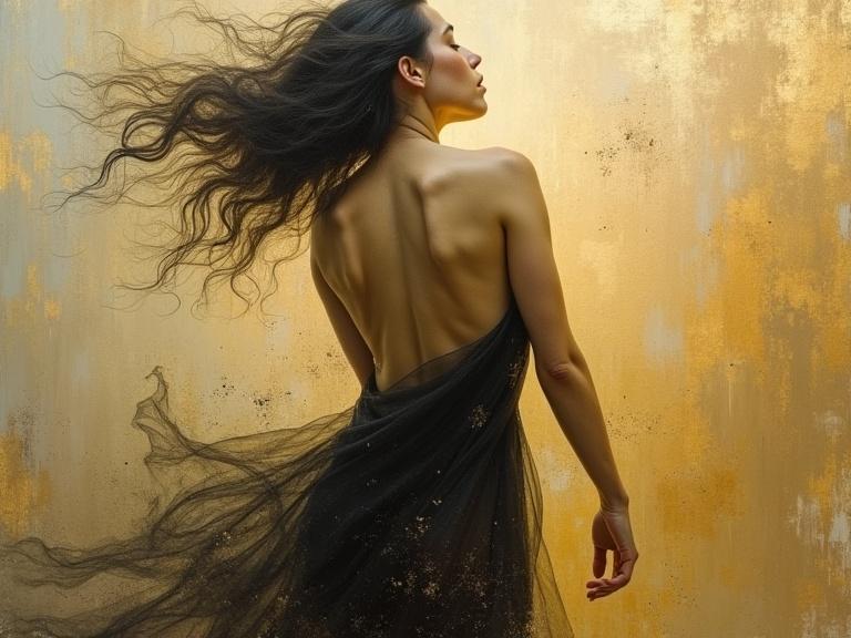 An oil painting depicting a woman with ash-dusted limbs posed in a golden environment. The scene shows movement with rich texture and color. Subtle hues swirl around, suggesting memories. Delicate marks add to the artwork's complexity. Soft light enhances the pigment's weight.