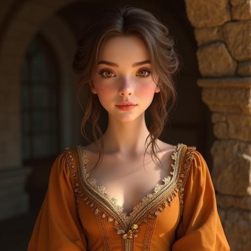 Beautiful young woman in medieval fantasy setting. Warm brown eyes, soft rounded face with gentle smile. Chestnut hair styled in braided bun. Wears elegant gown with delicate embroidery. Setting is cozy rustic stone cottage with warm lighting.