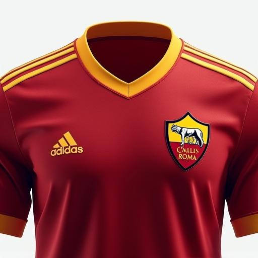 Create an image of a football jersey for AS Roma. Features main color Pompeian red and secondary color ochre yellow. Incorporate a round collar and short sleeves. Adidas stripes on shoulders in ochre yellow. Thin ochre yellow line on sides. Adidas logo on chest right in ochre yellow. AS Roma emblem on chest left. Pattern inspired by Pantheon dome texture in dark red. Background features the square where the Pantheon is located in Rome. Sky contains the phrase in Roman letters, "Roma la storia, la AS Roma la leggenda." Shot with Sony a7vi, in 6k resolution, ultra-detailed, warm light, wide 16:9 aspect ratio, capturing movement of the jersey, with space above and below.