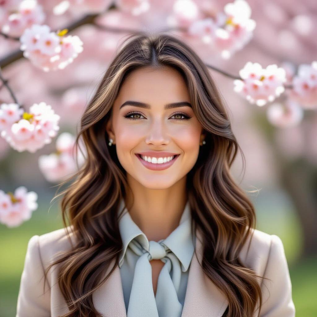Portrait of a woman with long wavy hair in a spring setting. Cherry blossoms in the background. Woman dressed in a light-colored blazer and blouse.