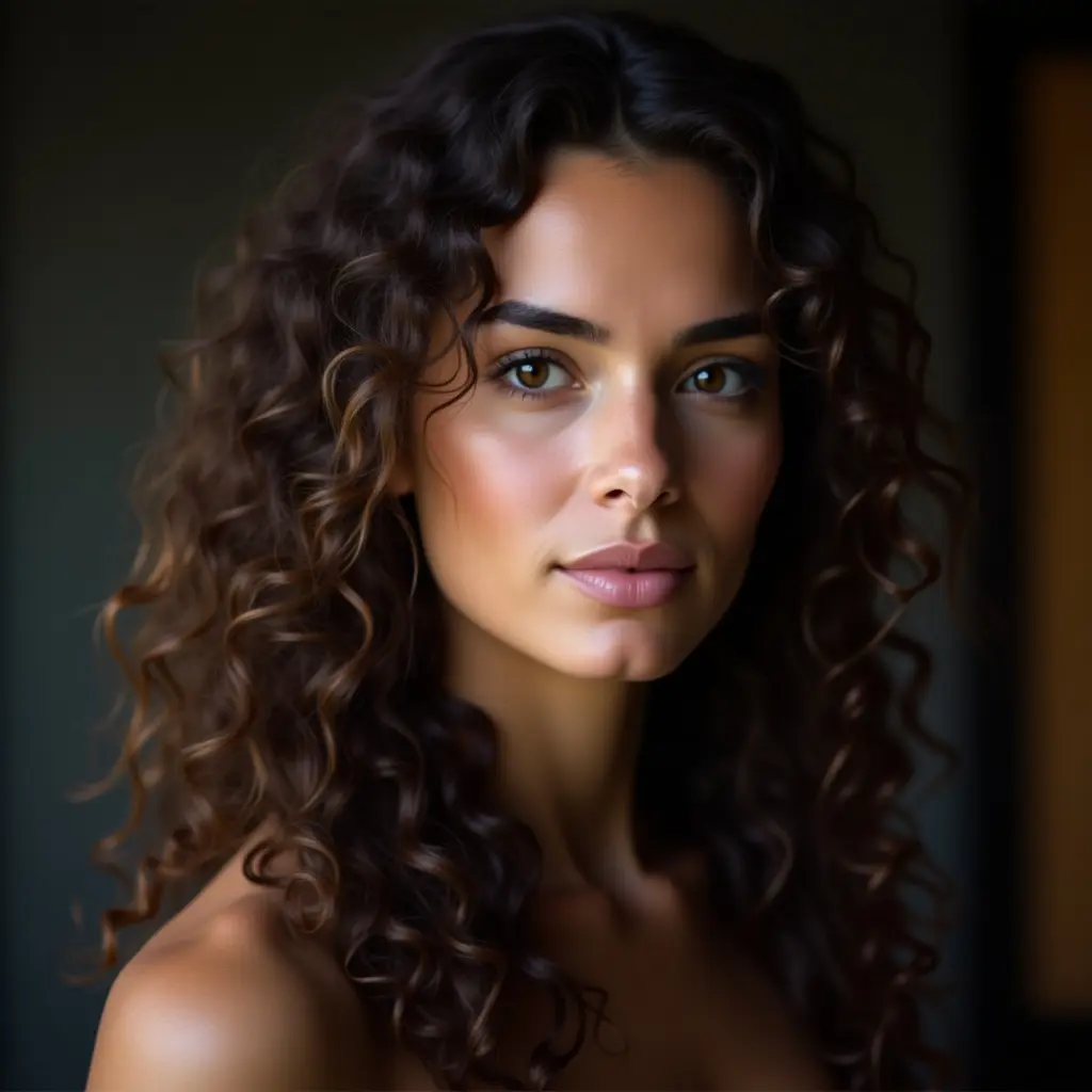 A person has long curly hair. They look directly at the camera. Soft lighting highlights their facial features.