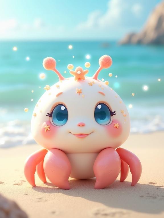 The image shows a cute animated crab-like creature on a sandy beach by gentle waves. The creature has a round white face with large blue eyes and a cheerful smile. It features peach-colored claws, six smaller legs, pink antennae with orbs, and a crown of bubbles and starfish. The background includes a serene beach with light blue waves and a soft blue sky.