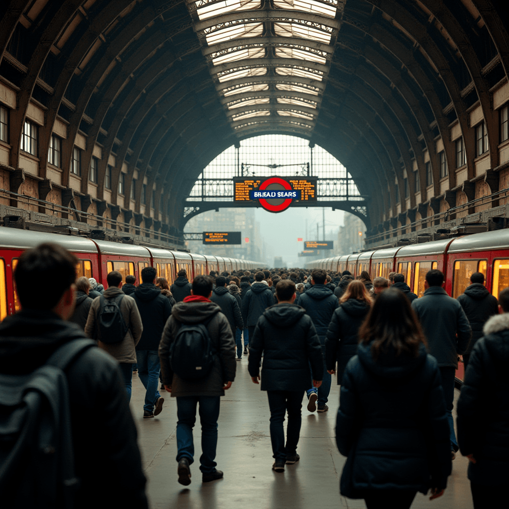 People walk through a busy train station with trains on both sides.