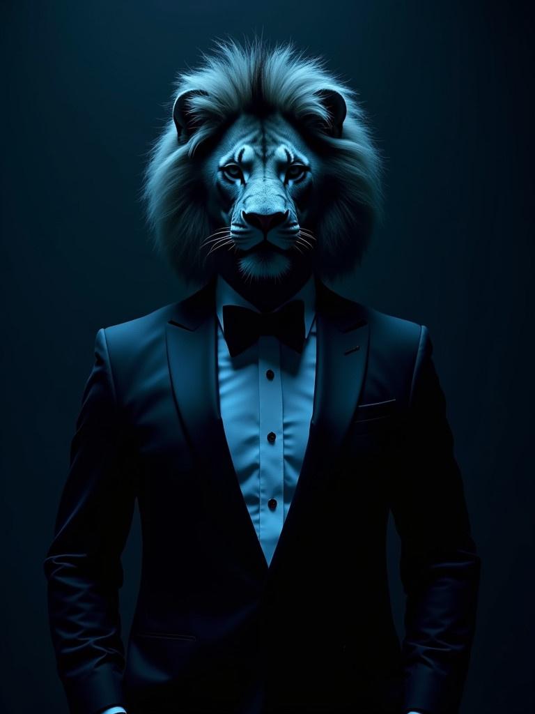 Surreal image of a man in a tuxedo, merging human elegance with the fierceness of a lion. Dark backdrop enhances the photorealistic details. Blue light creates a dramatic silhouette effect. High-quality 4k resolution.