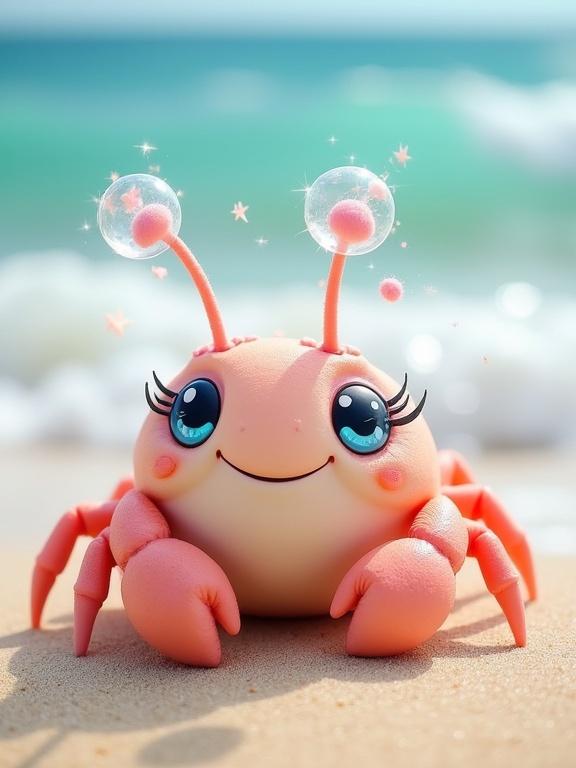 A whimsical crab-like creature with a soft peachy-pink body on a sandy beach. It has large blue eyes and long eyelashes, along with bubble-like eyestalks. The background features foamy waves and a light blue ocean.